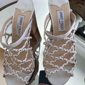 Jimmy Choo White Gold Dalina Cork Platform Braided Sandals Mules SZ EU 38 1/2